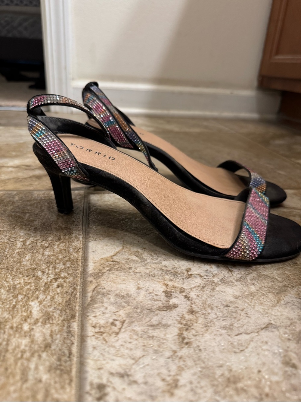 Torrid Rainbow Rhinestone Heels Black Ankle Strap Sandals Size 7WW